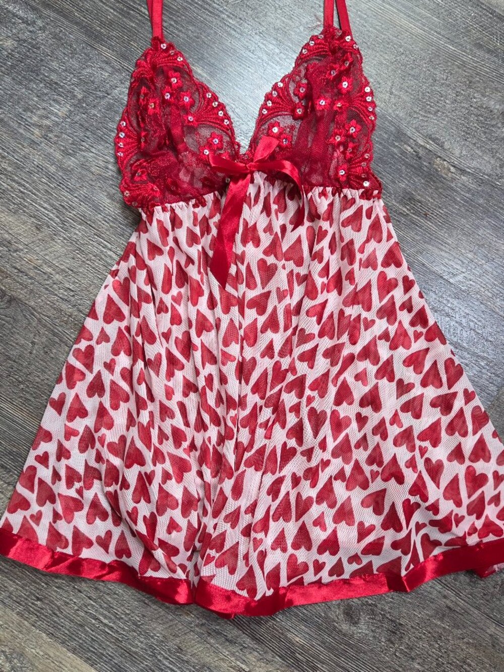 Red Babydoll Teddy w/ Hearts & Lace Sz Med
